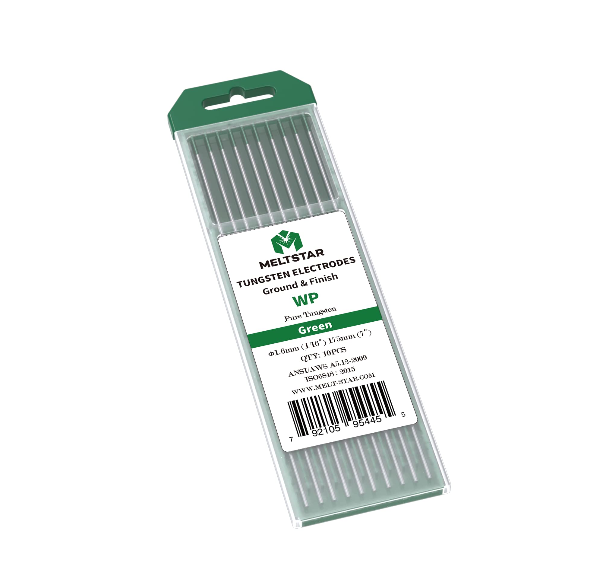 MELTSTAR WP20 Green Pure Tungsten TIG Tungsten Electrode Electrode Diameter 1.6 x 175 mm Pack of 10 Radiation-Free Professional Electrode for TIG Welding, Polishing and Grinding