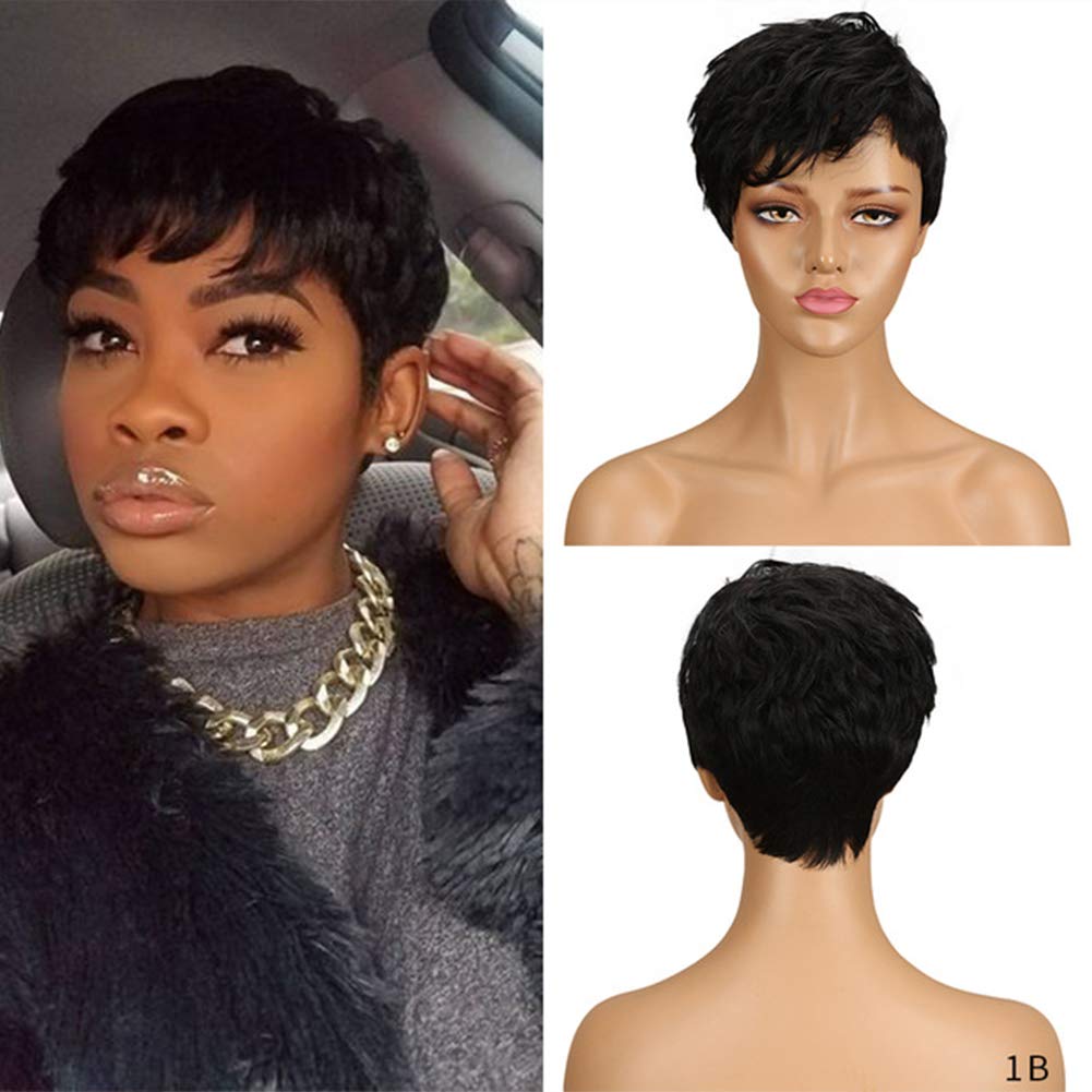 DÉBUT Human Hair Wigs for Women short Pixie Wigs Brazilian Virgin Hair 9 inches 76g (9 inches, 1B: Black)