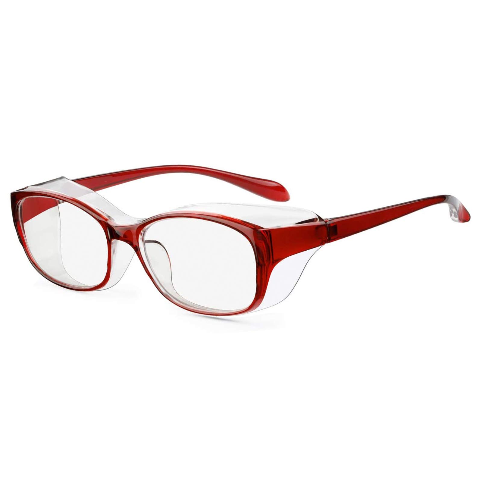 ZUVGEES Anti-Fog Safety Glasses for Men and Women with Blue Light Blocking Lens and Permanent Side Shields,Wrap-Around Goggles UV Protection-Look Like Regular Glasses (Red)