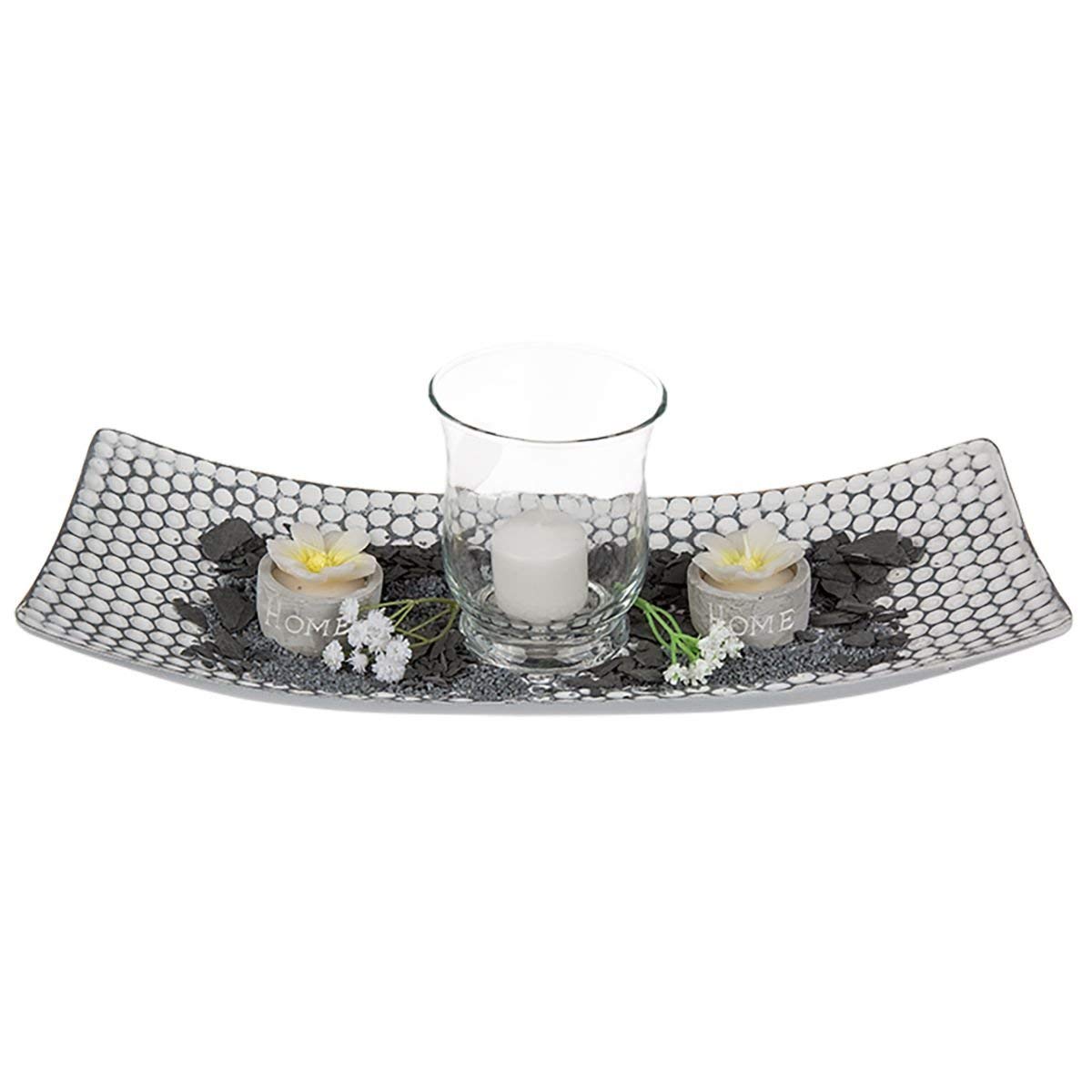 White/grey wooden plate, ca. 38 x 16 cm, windlight ca. 11 x 9 cm with candle, 2 flower tealights, decostones, deco sand & 2 white deco flowers, in giftbox