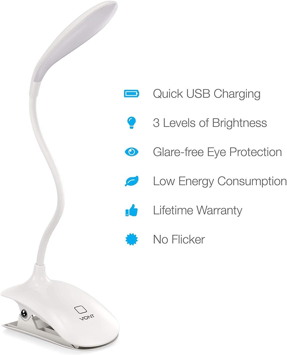 LED Clip On Reading Light, Book Light, 16 Individual Eye Protection LEDs, 3 Brightness Levels, USB Rechargeable, Reading Lamp with Slick Touch Control, Perfect for Reading in Bed - Vont: Home Improvement
