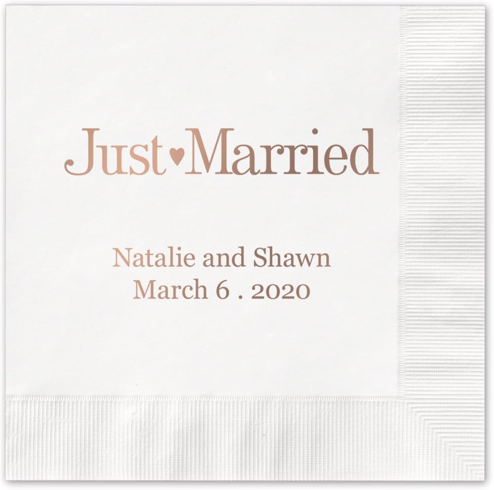 Canopy Street Just Married Personalized Cocktail Napkins / 100 White Paper 4 ¾” x 4 ¾” Beverage Napkins with Choice of Foil