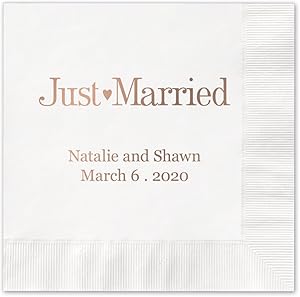 Canopy Street Just Married Personalized Cocktail Napkins / 100 White Paper 4 ¾” x 4 ¾” Beverage Napkins with Choice of Foil