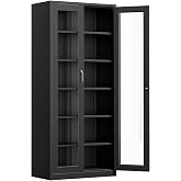 VINGLI Lockable Display Cabinet with Glass Doors &amp; 5 Adjustable Shelves, 71" Tall Black Metal Storage Cabinet Curio Liquor, Bookshelf Bookcase for Home Office Living Room Pantry Garage
