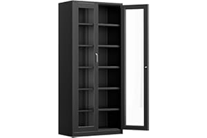 VINGLI Lockable Display Cabinet with Glass Doors & 5 Adjustable Shelves, 71" Tall Black Metal Storage Cabinet Curio Liquor, Bookshelf Bookcase for Home Office Living Room Pantry Garage