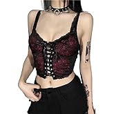 Goth Lace Up Tank Tops for Women Summer Red Lace Camisoles Gothic Corset Crop Top Spaghetti Strap V Neck Tie Front