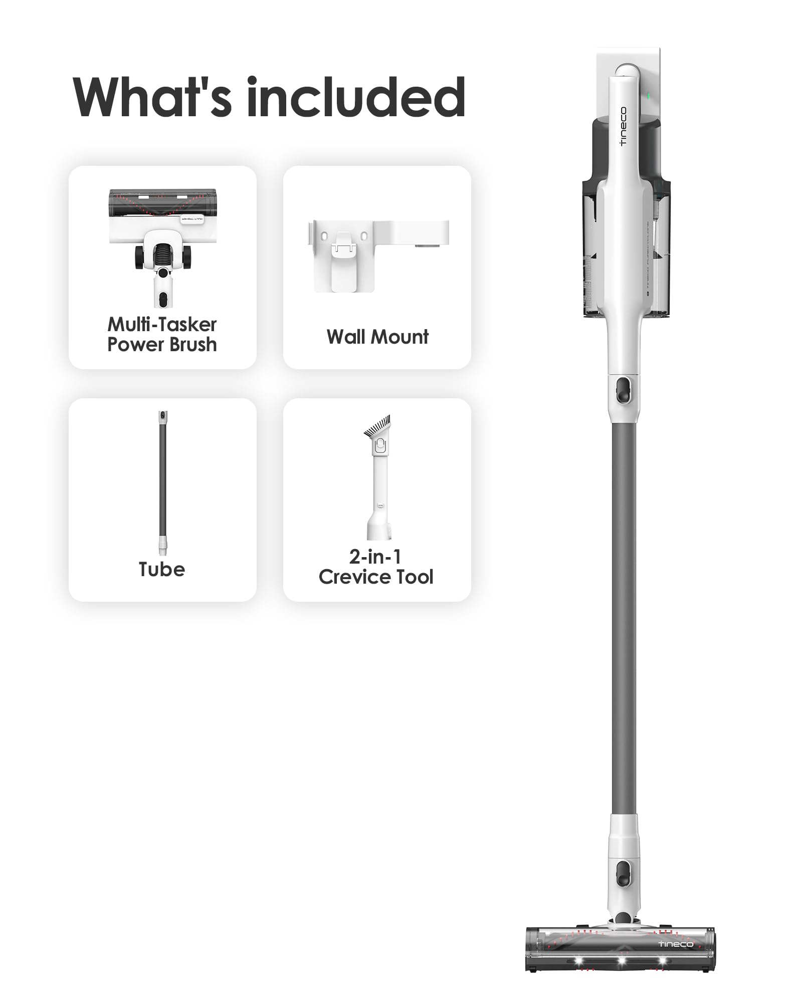 Tineco A20 Aspiradora escoba inalámbrica, potente succión, 3 modos para suciedad de varios niveles, cubo de basura más grande de 1 litro, diseño ergonómico de doble asa, base de montaje en pared, faro LED