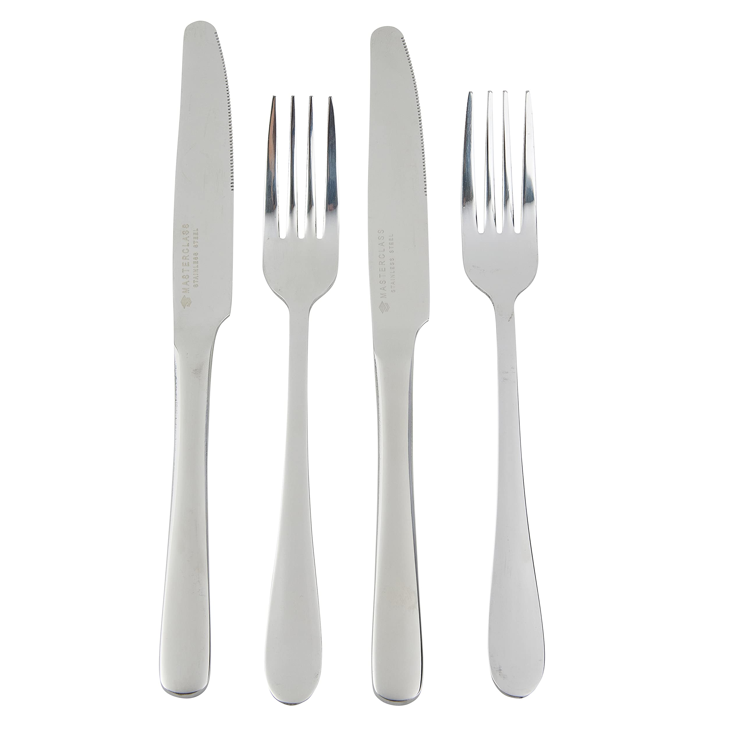 MasterClass Knife and Fork Dinner Set, Stainless Steel, 4 Piece (2x Knives and 2x Forks), Mirror Polished Finish, Silver