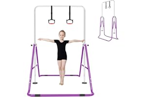 FINCOME Gymnastics Bar for Kids with Gymnastics Rings, Height Adjustable Gymnastics Horizontal Bar, Foldable Bar Gymnastics Equipment for Home Room Indoor Outdoor Gym Practics, Gymnastic Bar