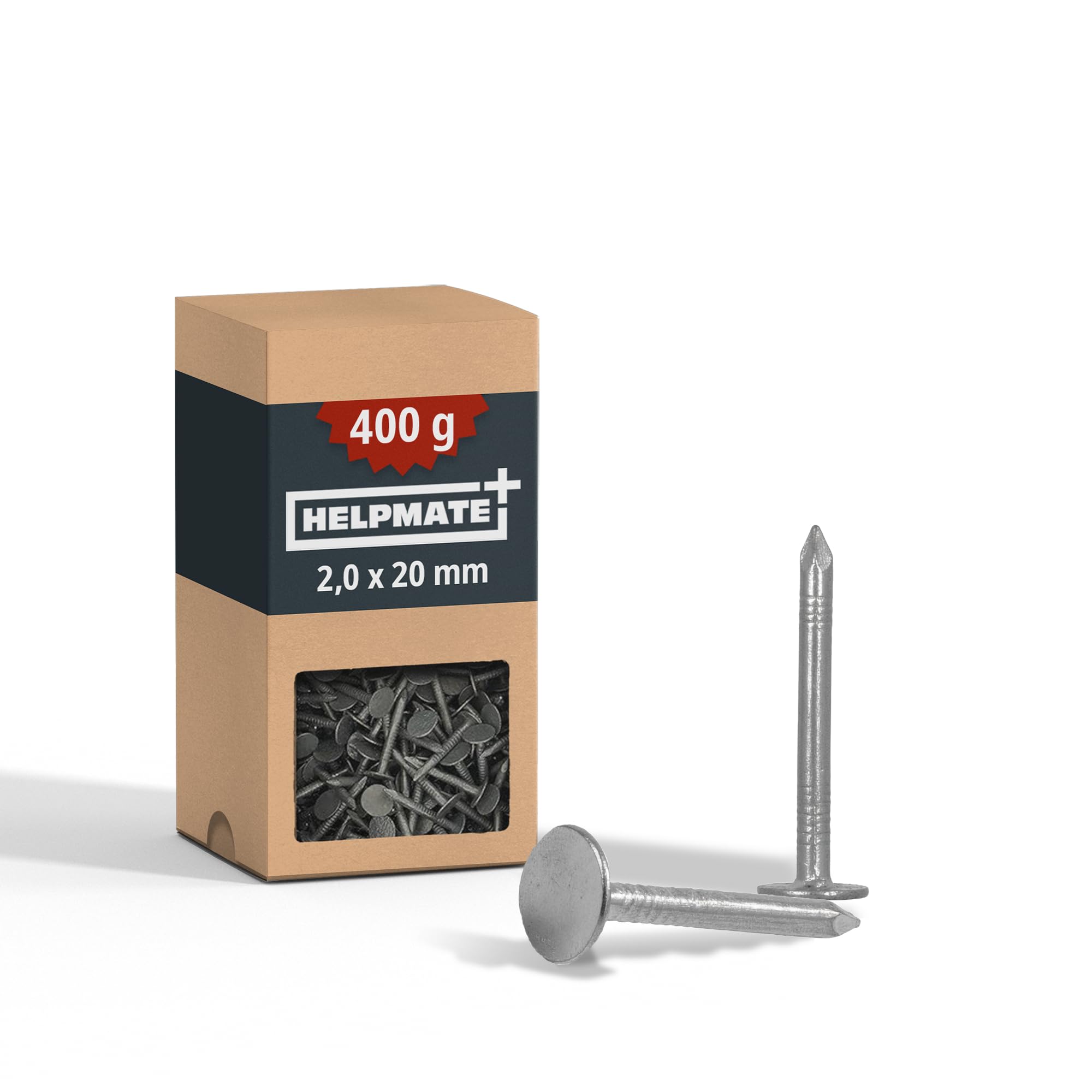 HELPMATE Roofing Felt Nails 2.0 x 20 mm Mechanical Galvanised - 400 g Roofing Felt Pins Type B - Roofing Felt Nails DIN 1160 B - Roofing Nails Ideal for Roofing Felt, Plastic Tarpaulins & Slate Panels