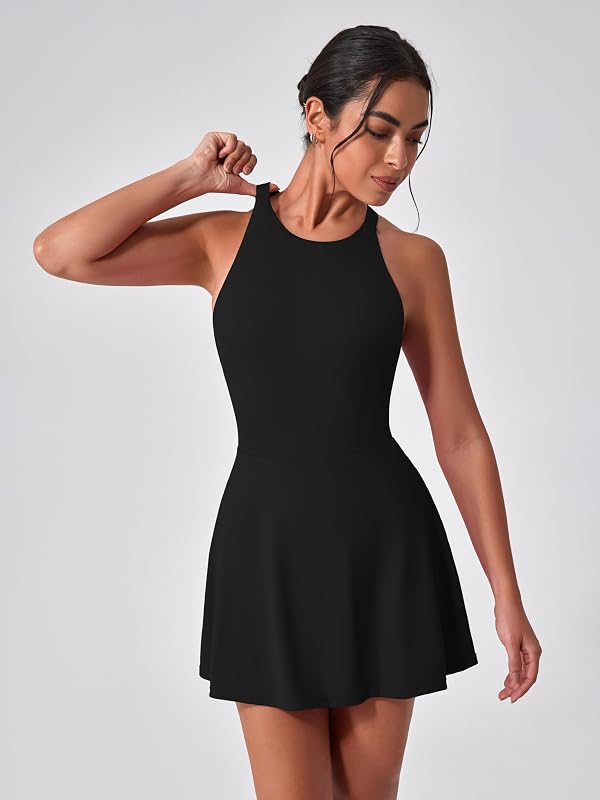 Tenniskleid Damen Golfkleid mit Integriertem BH und Shorts Tasche Cross Back Cut Out Sportkleid Mädchen Trainingskleid Freizeitkleid Tank Dress Athletic Workout Fitness Sport schwarz M