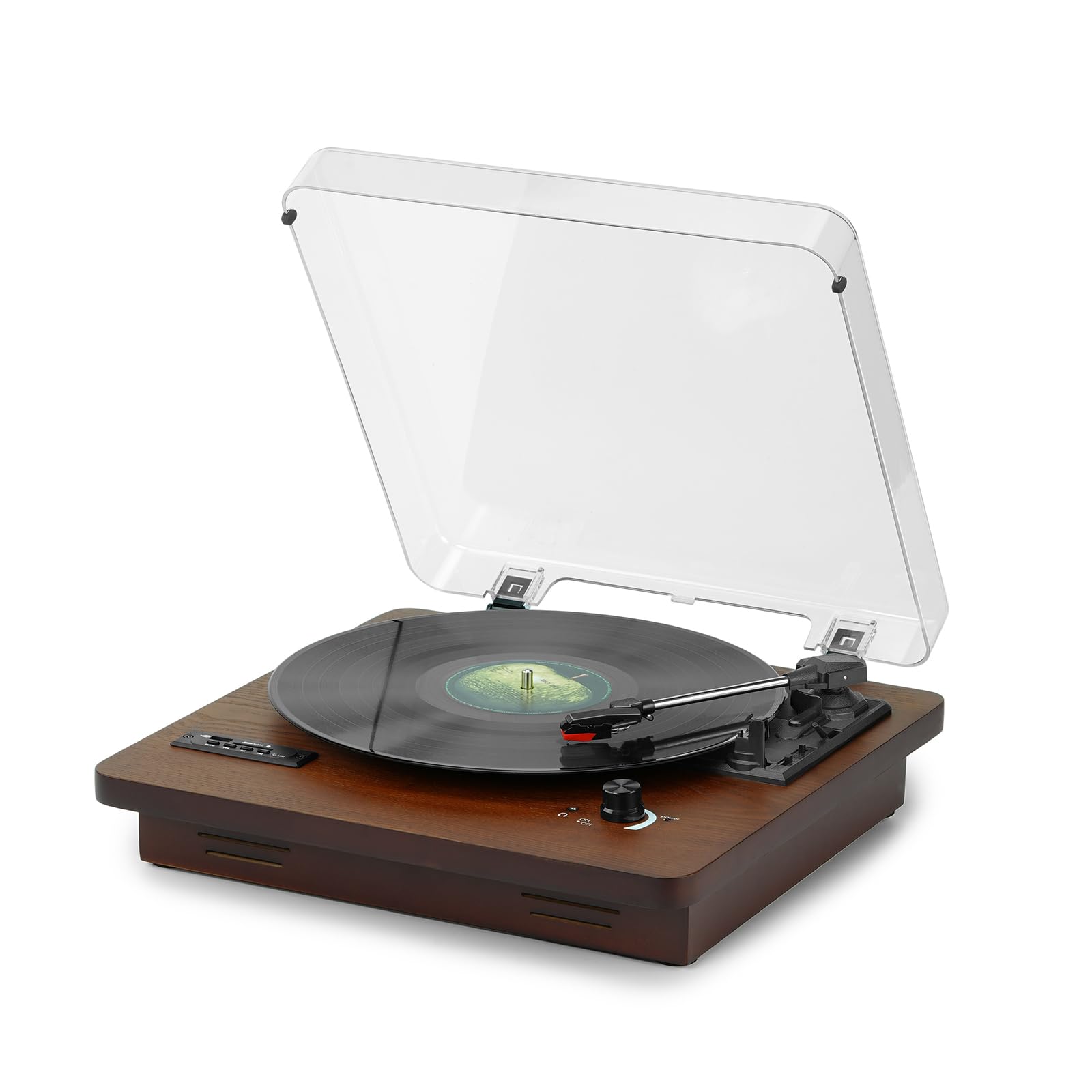 DLITIME Reproductor de discos de vinilo con entrada/salida Bluetooth, radio FM, reproducción y grabación USB/SD, tocadiscos de 3 velocidades con parlantes incorporados, salida RCA, entrada AUX, conector para auriculares