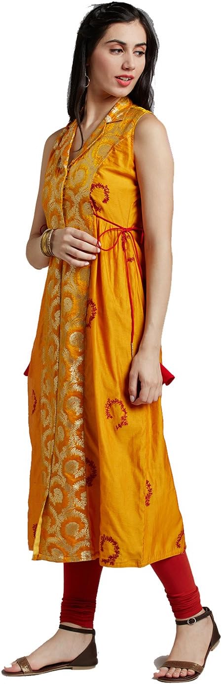 Jaipur Kurti Women's Yellow Chanderi & Pure Silk Brocade Kurta