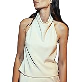 Women Y2k Satin Tank Tops Mock Neck Draped Front Open Back Sleeveless Silk Crop Cami Shirt Going Out Vest Streetwear