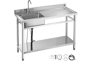 VEVOR Stainless Steel Utility Sink, Free Standing Single Bowl Commercial Kitchen Sink with Faucet, Utility Right Basin Workbench with Hot & Cold Water Pipe for Garage Restaurant Laundry, 47x19.7x37 in