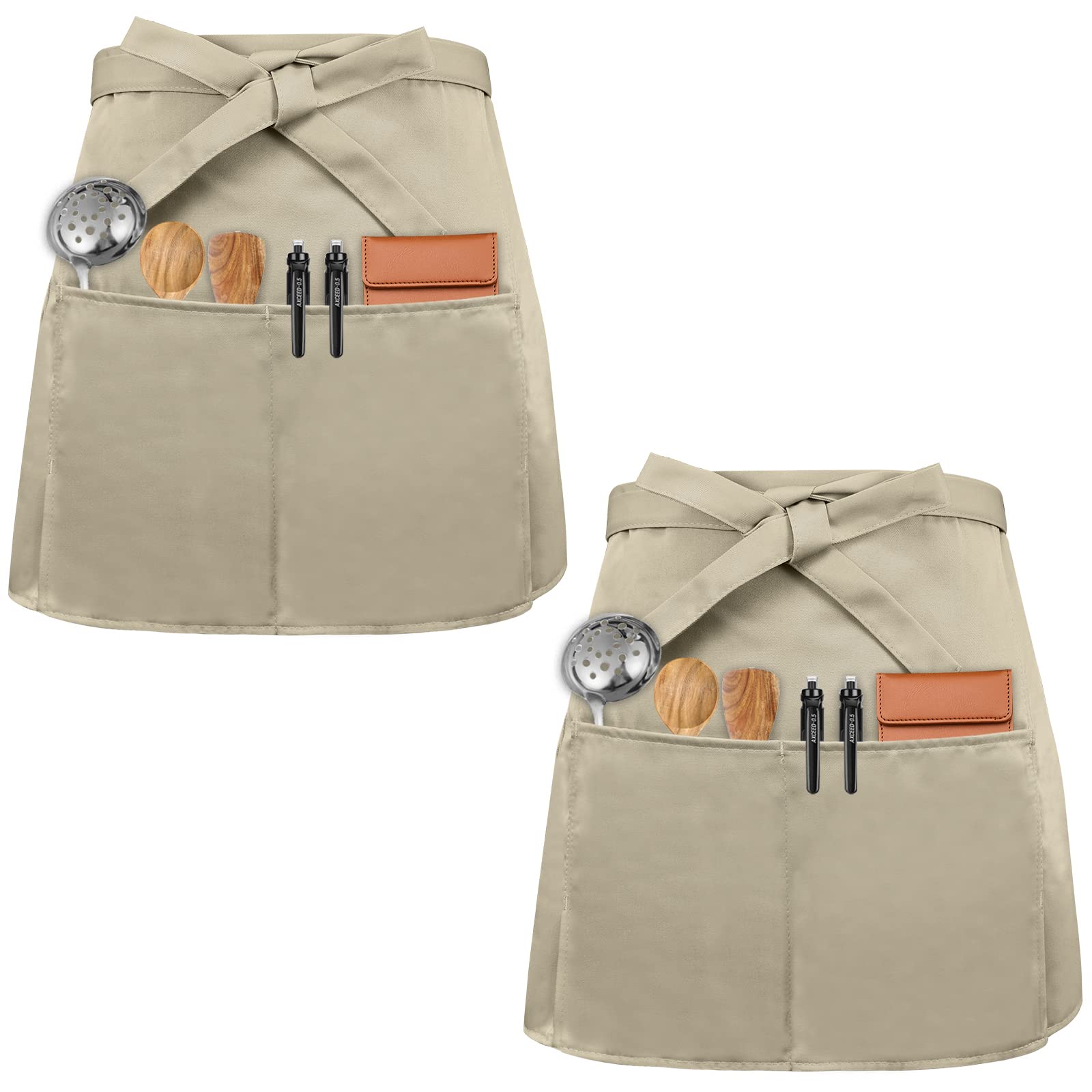 Colexy Waist Apron Front Ties 2 Pcs Waiter Apron Waist Apron with 3 Pockets Baking Apron Waist Aprons Cooking Apron for Bistro Restaurant Hotel Cafe Chef Waiter Cleaning Painting Gardening (Beige)