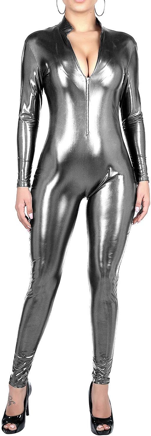 DIAMONDKIT Women's Shiny Metallic Bodysuit Sexy Jumpsuit Catsuit