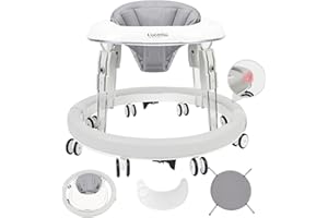 Uuoeebb Baby Walker with Wheels, Anti-Collision Design One-Touch Folding Baby Walker, Anti-Roll 8-Wheel Round Chassis, 7-Gear Height Adjustable, with Large Dinner Plate for Baby from 6-18M, Grey
