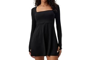 SUHK ASANA Square Neck Long Sleeves Tennis Dress One Piece Exercise Dress with Built-in Bra