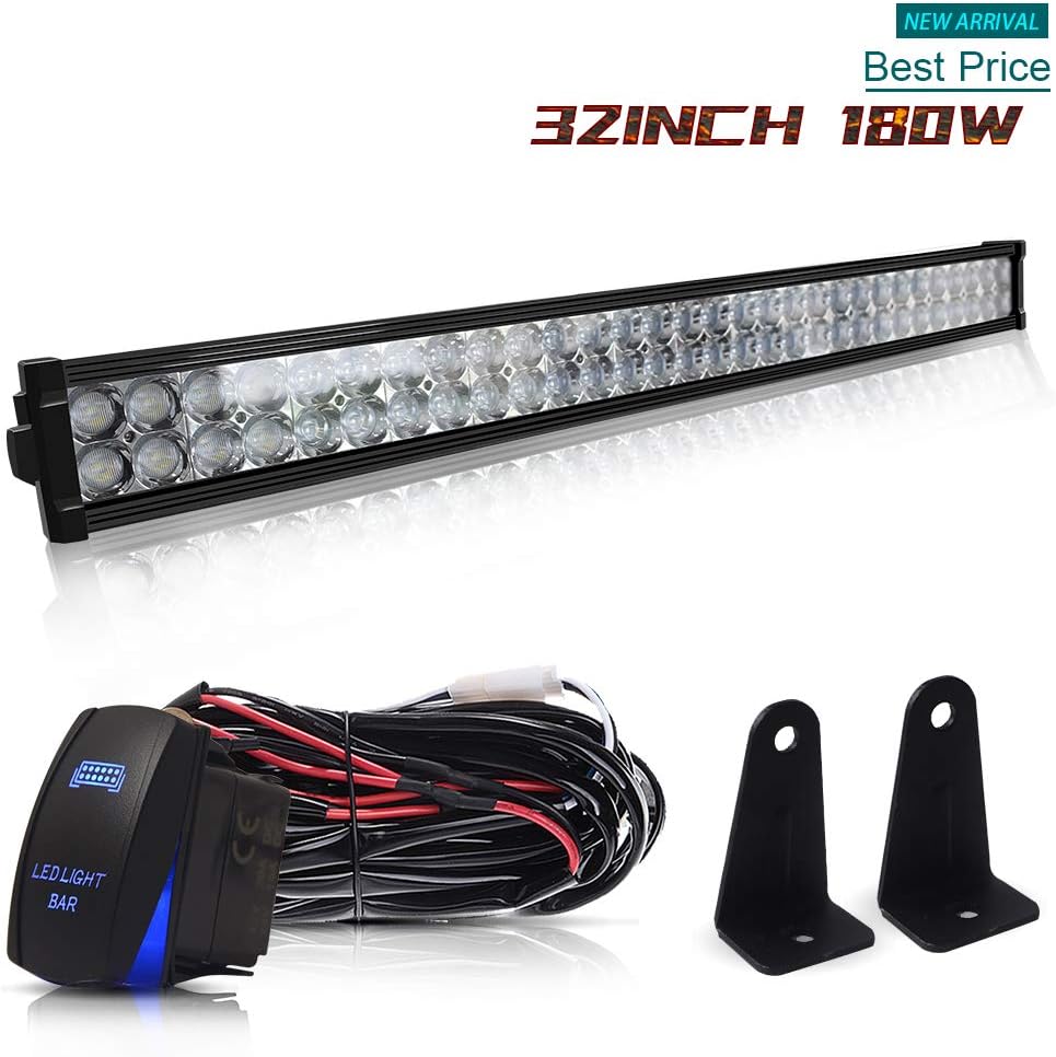 32" Inch 180W Led Light Bar Combo Grill Windshield Bumper Light Bar + 1x Rocker Switch + 1x Wiring Harness for ATV Truck Jeep Wrangler Dodge Chevy RV Ford F250 F350 Toyota Polaris RZR Golf Cart