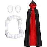 Adult Unisex Vampire Costume Set Reversible Hooded Cape Cloak Vampire Fangs Teeth with Adhesive for Halloween Costume Accessory Party Favors