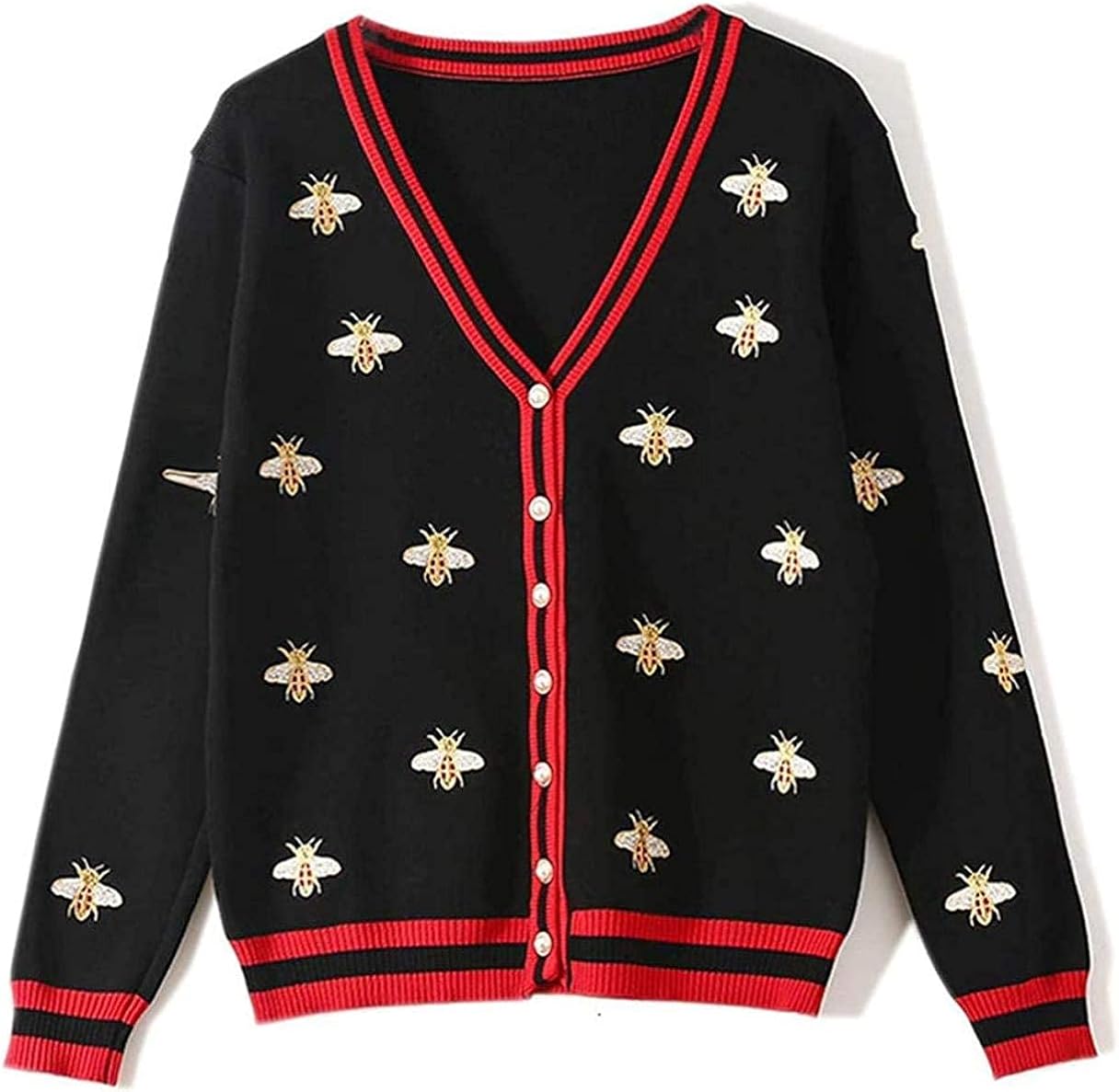 Women V Neck Bee Embroidery Long Sleeve Knitting Sweater Cardigan