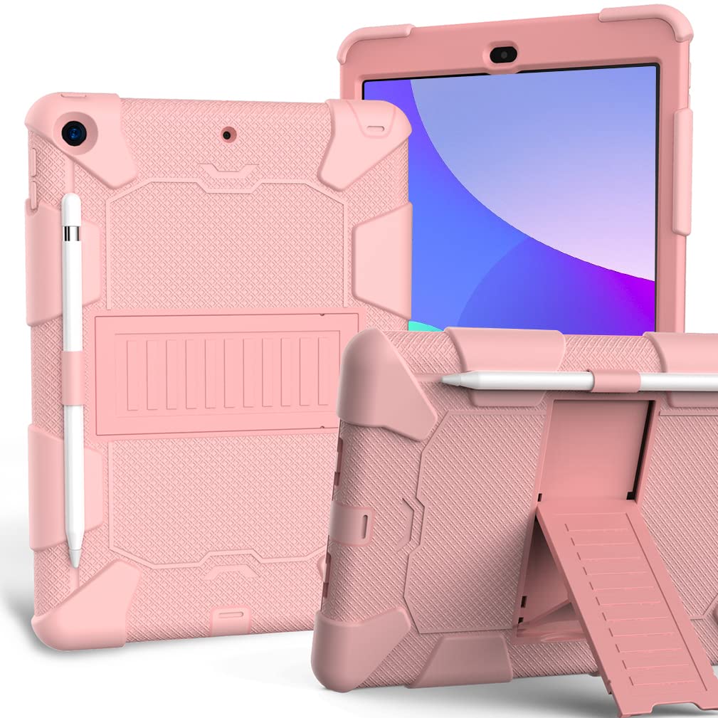 Case for iPad 10.2 Inch 9th/8th/7th gen 2021/2020/2019 with Three-in-one design, shockproof Robust case with pencil holder and stand- Rose gold+Rose gold