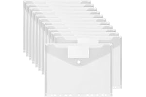 Vobou 12 Pack Plastic Envelopes Clear Binder Pocket 11 Holes Expandable Binder Folders for 2/3/4 Ring Document Pouch, Snap Button and Lable Poly Envelopes for School, Home and Office