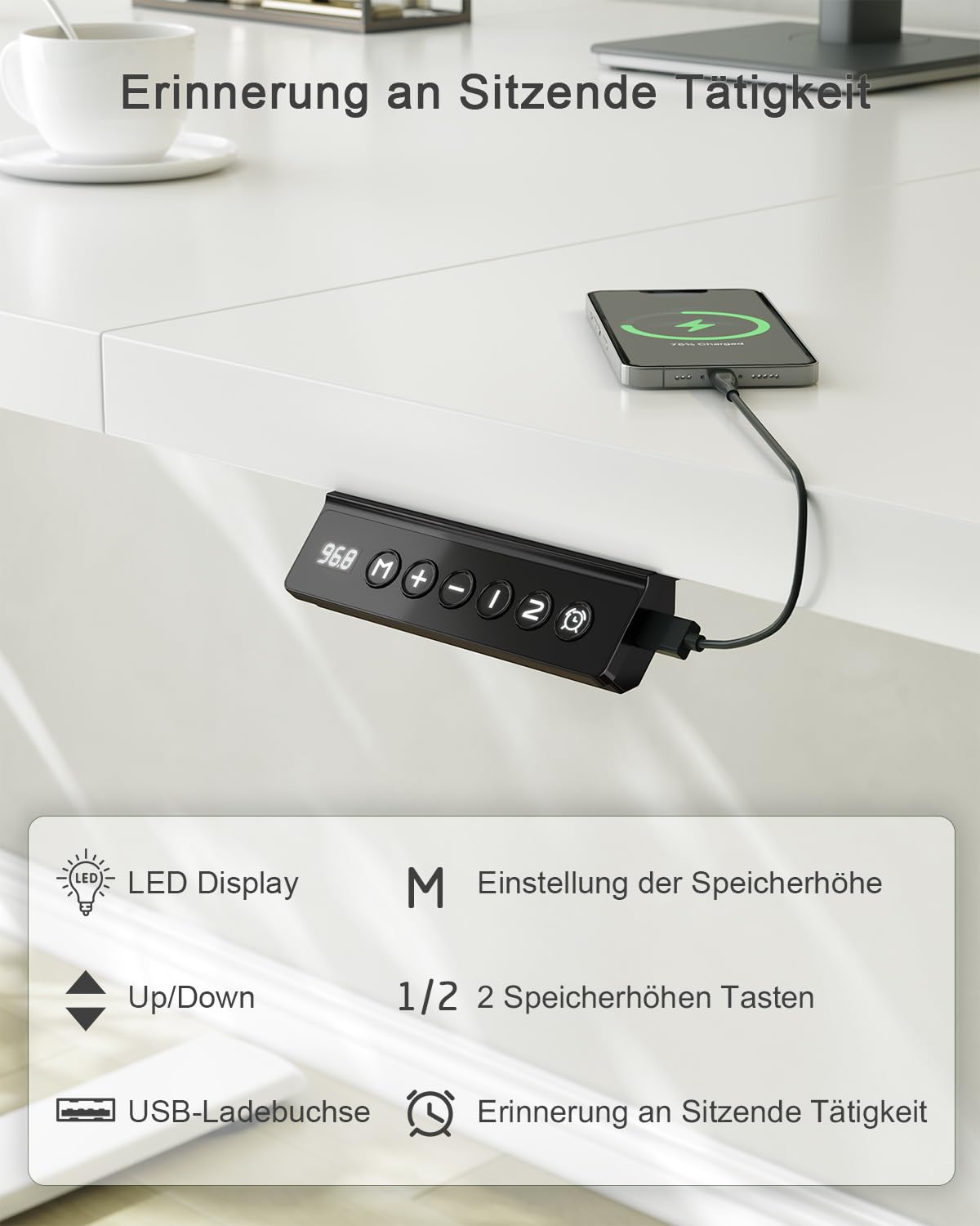 JUMMICO Höhenverstellbarer Schreibtisch mit USB-Ladeanschluss,Schreibtisch Höhenverstellbar Elektrisch 160 x 70 cm, Steh-Sitz Tisch Stehpult Verstellbarer Computertisch,Standing Desk,Weiß 3
