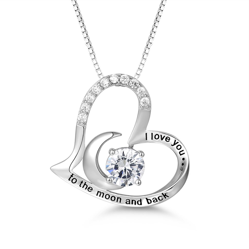 PRETTERY Sterling Silver Necklace I Love You to The Moon and Back Zirconia Heart Pendant Gifts for Women,45+3cm Chain
