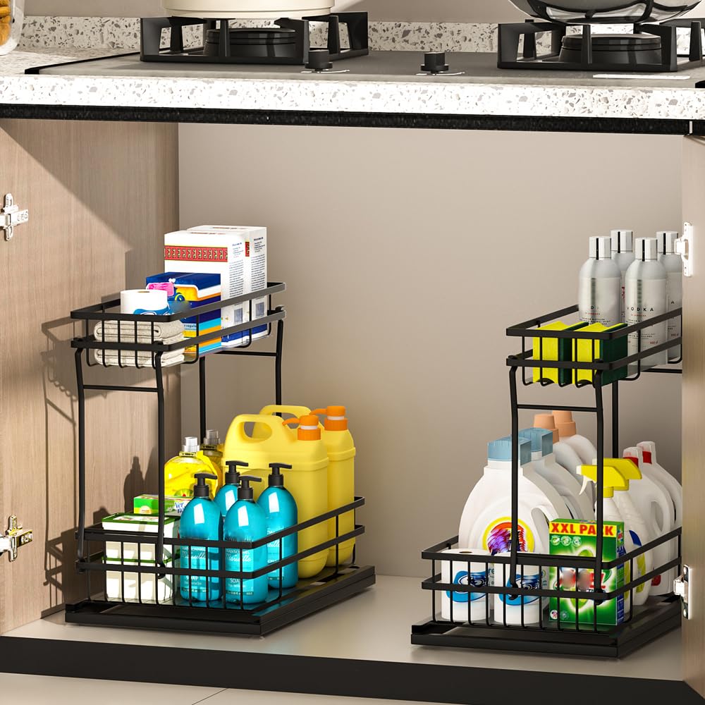 Photo 1 of (2) Zufudo 2 Pack Under Sink Organizers and Storage, 2 Tier Pull Out Cabinet Organizer, Metal Sliding Drawer Storage for Kitchen Bathroom?Black