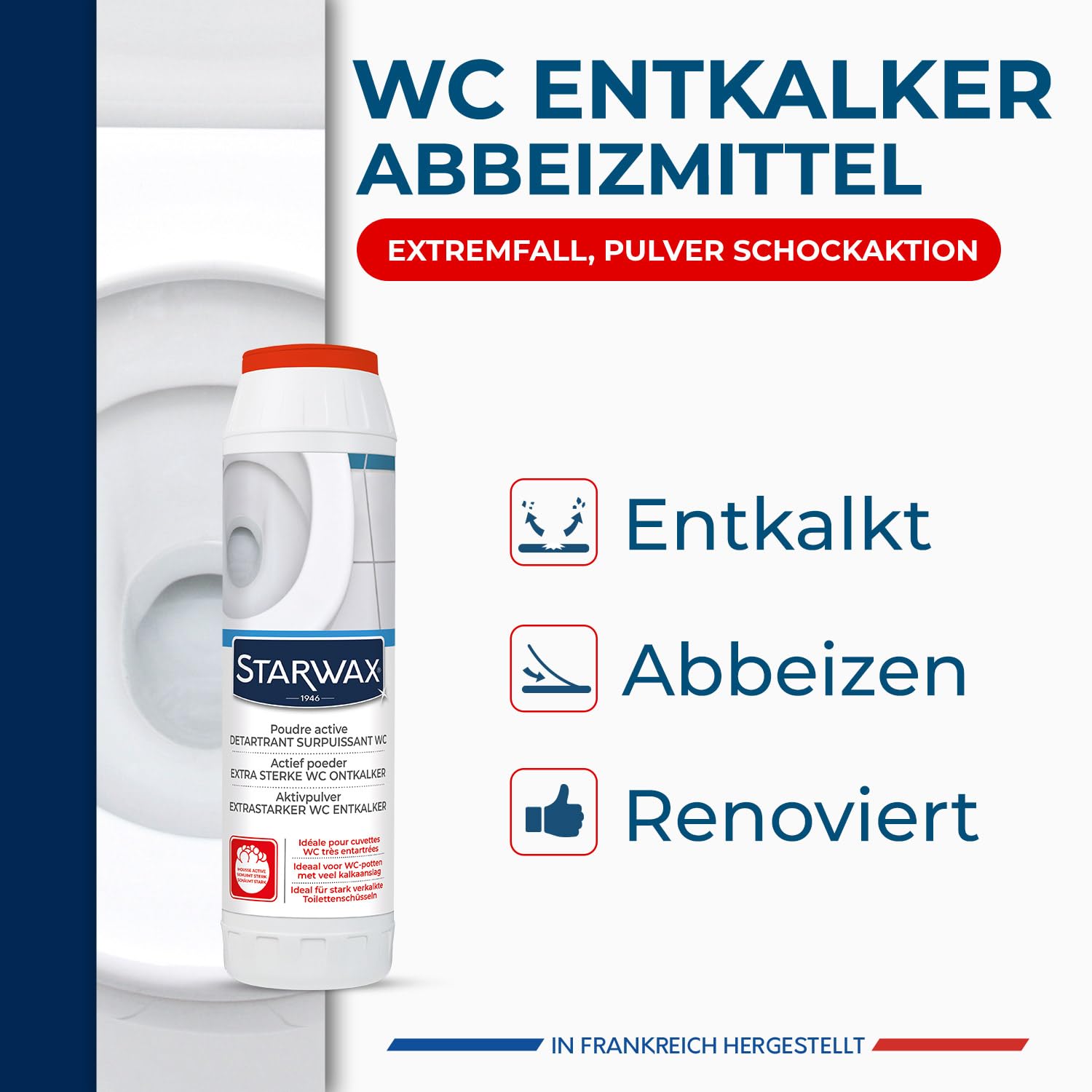 STARWAX - WC-Entkalker Reiniger Aktivpulver - Speziell für hartnäckige Rückstände - Erneuert Wandung und Boden der Toilettenschüssel - Wirksam auch unter Wasser - Geeignet für Klärgruben - 1 kg 2