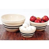 Ohio Stoneware Shoulder Bowls USA Made Tan with Blue Stripe Set of 3 Sizes