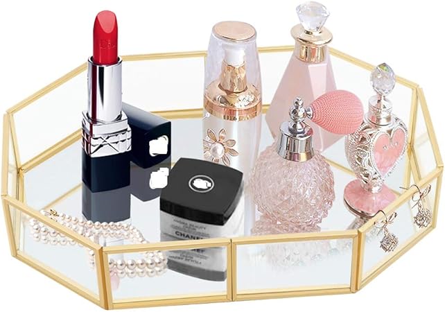 Faster Gold Glass Mirrored Tray Perfume Tray Mirror Vanity Tray Dresser Tray Ornate Tray Metal Decorative Tray Polygon Metal Organizer Makeup Tray For Vanity Dresser Bathroom Bedroom Amazon Co Uk Kitchen Home