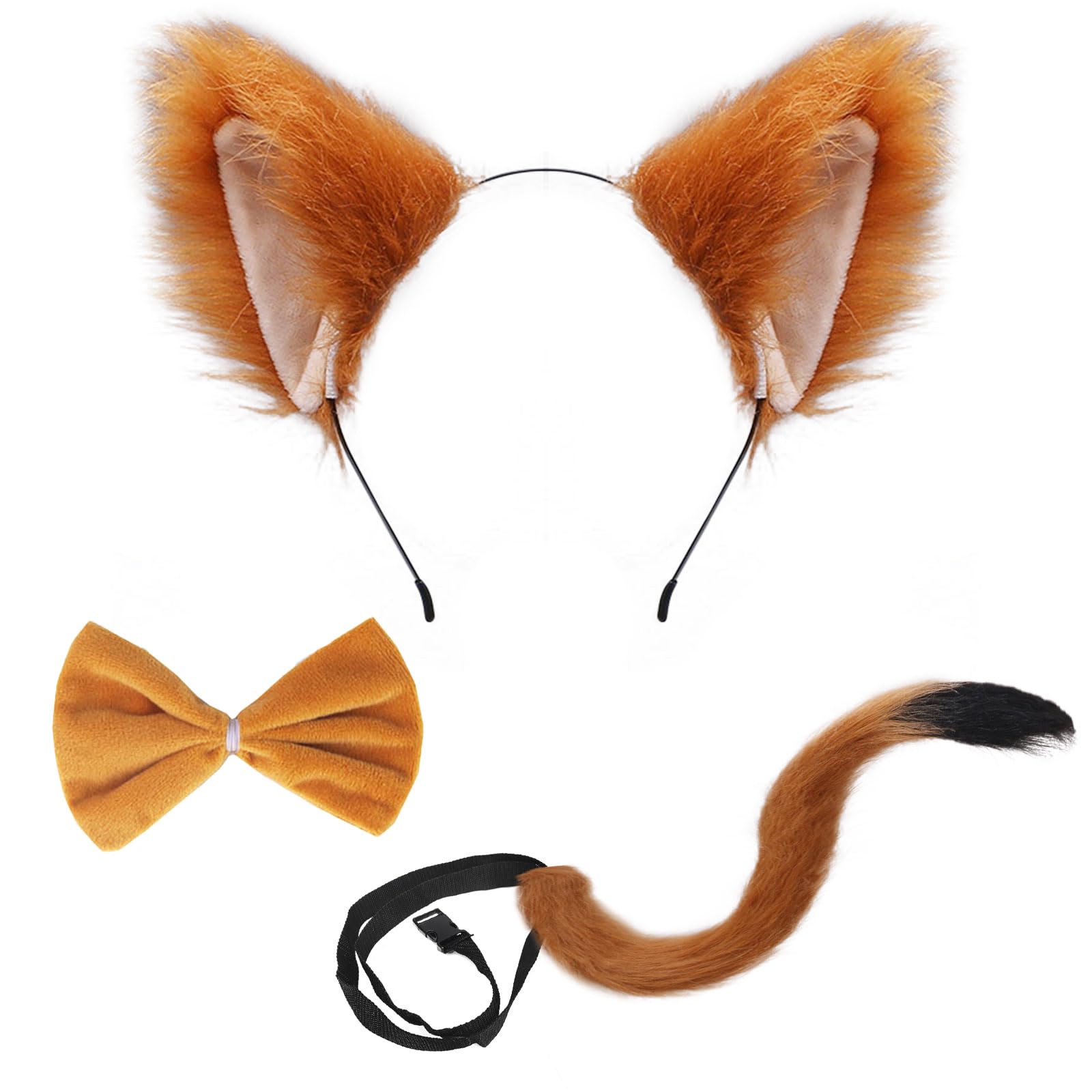 FUIPVGI 3 Pieces Fox Costume Included Faux Fox Ears Headband Fox Tail fox tie Set for Adults Kids Dress Up Fox Cosplay Halloween Costume Stage Show. (brown)