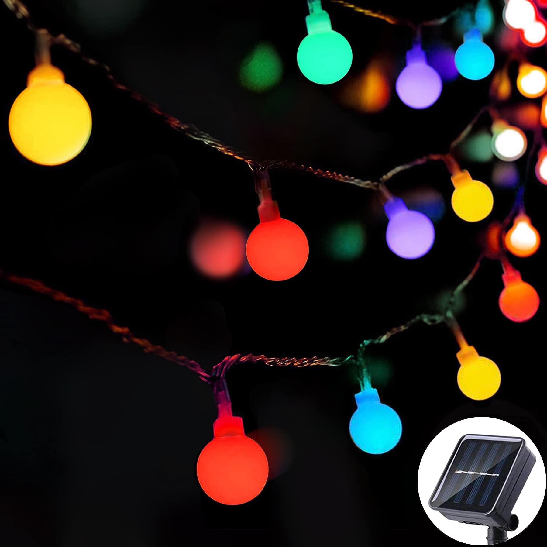 Solar String Lights Outdoor 60 LED, 8M/26Ft Solar Fairy Lights, 8 Modes Waterproof Solar Powered Globe Lights, Garden Lighting for Home, Yard, Party, Festival, Christmas, Decoration (Multi-Coloured)