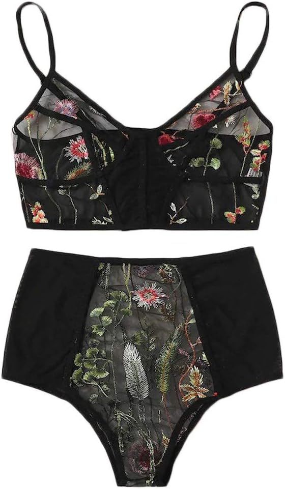 Women V-Neck Floral Embroidered Lace Lingerie Set Black Underwear S-2XL