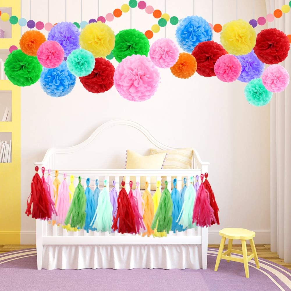 ZJHAI 61pcs Rainbow Party Decoration Tissue Paper Pom Poms, Tassel Garland and Circle Dots Hanging Decorations: Toys & Games