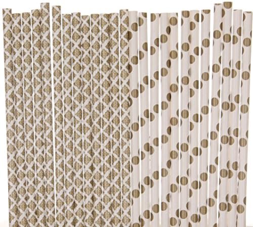 Gold Paper Straw Mix - Polka Dot and Damask (25)