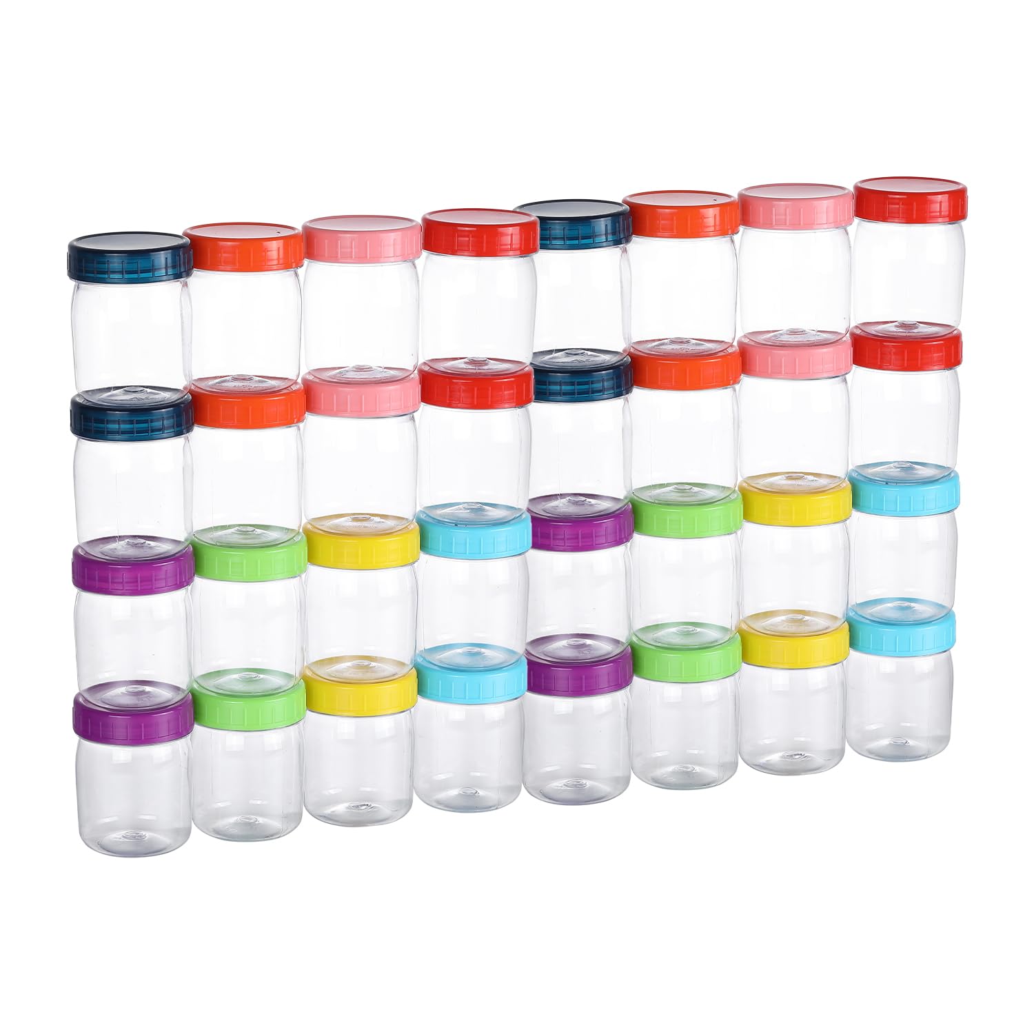Photo 1 of novelinks 8oz Plastic Jars With Lids Colorful Lid Mason Jars 32 Pack 8 oz Plastic Containers With Lids For Diy Food Milkshake Salads Snake Jams Spices (32)