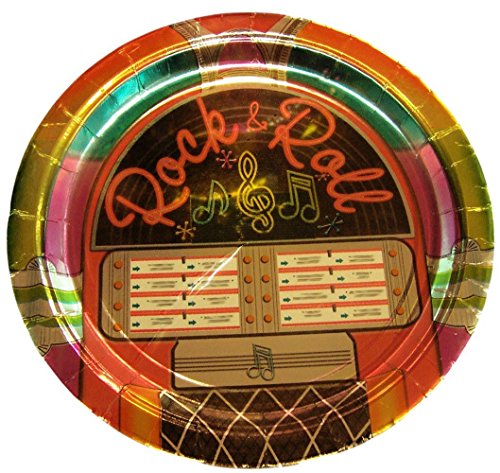 Custom & Unique {9" Inch} 8 Count Multi-Pack Set of Medium Size Round Circle Disposable Paper Plates w/ Classic Vintage Juke Box Rock and Roll â€œOrange, Green, Pink, Black & Yellow Coloredâ€