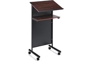 Wheeled Lectern with Storage Shelf - Black/Cherry - Compact Standing Desk for Reading - Laptop Stand