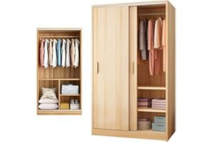 LITFAD Mutil-Functional Wood Wardrobe Modern Storage Armoire Closet with Sliding Doors Freestanding Closet with Shelves and Clothing Rods for Bedroom,Natural-39.5" L x 18" W x 71" H