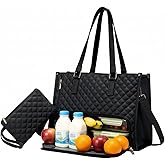 Hqyib Lunch Tote Bag for Women 17.3 Inch Laptop Bag with Insulated Lunch Compartment Leather, Quilted Computer Tote, Quilted Work Bag for Office, Teacher, Commuter (Black)