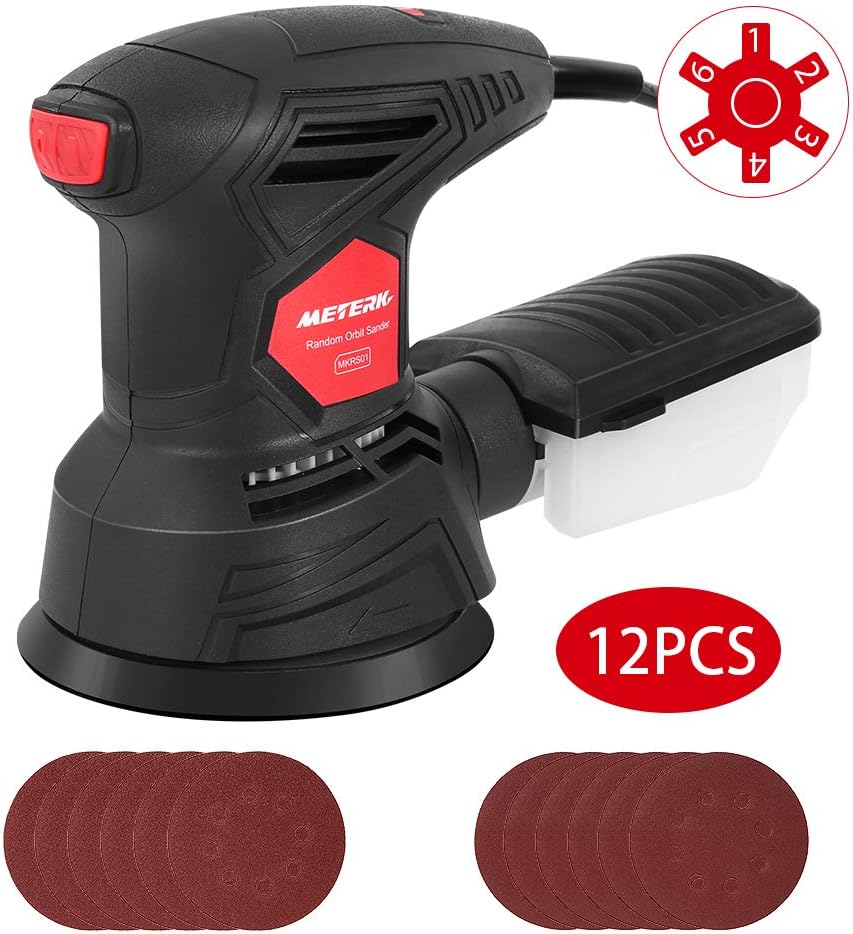 Meterk 5 Inch Random Orbit Sander 2.5A Orbital Sander with 12Pcs Sandpapers, 12000RPM, 6 Variable Speed, Efficient Dust Collector, Ideal for Finishing, Sanding, Polishing Wood - - 