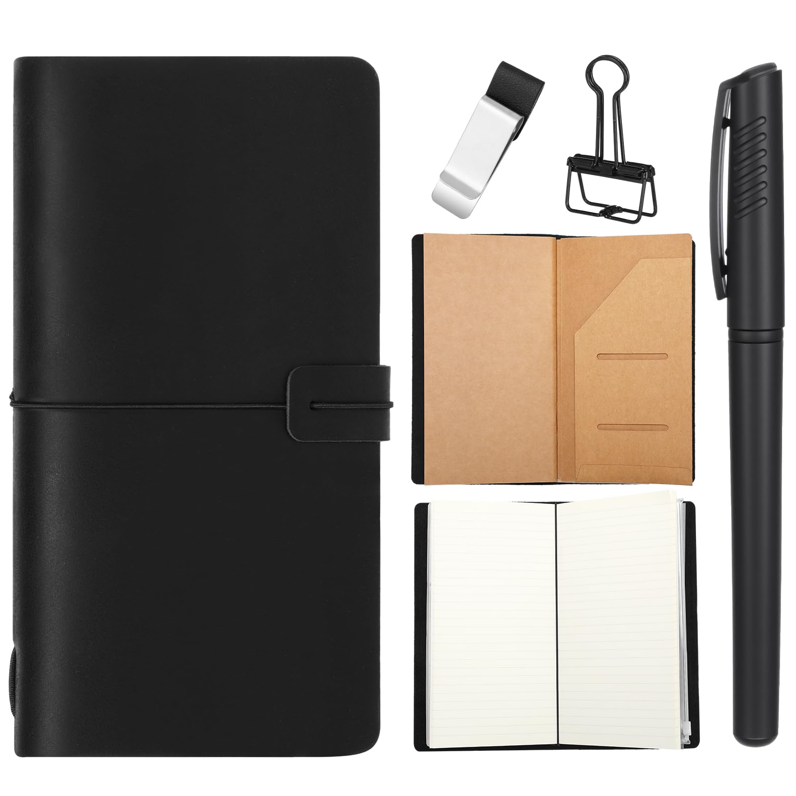 Photo 1 of Thenshop Travelers Refillable Leather Journal Notebook Travel Diary Handmade Passport Travelers Journal for Men and Women with 3 Notebook Inserts, Pen Holder, Binder Clip(Black,Stand Size)