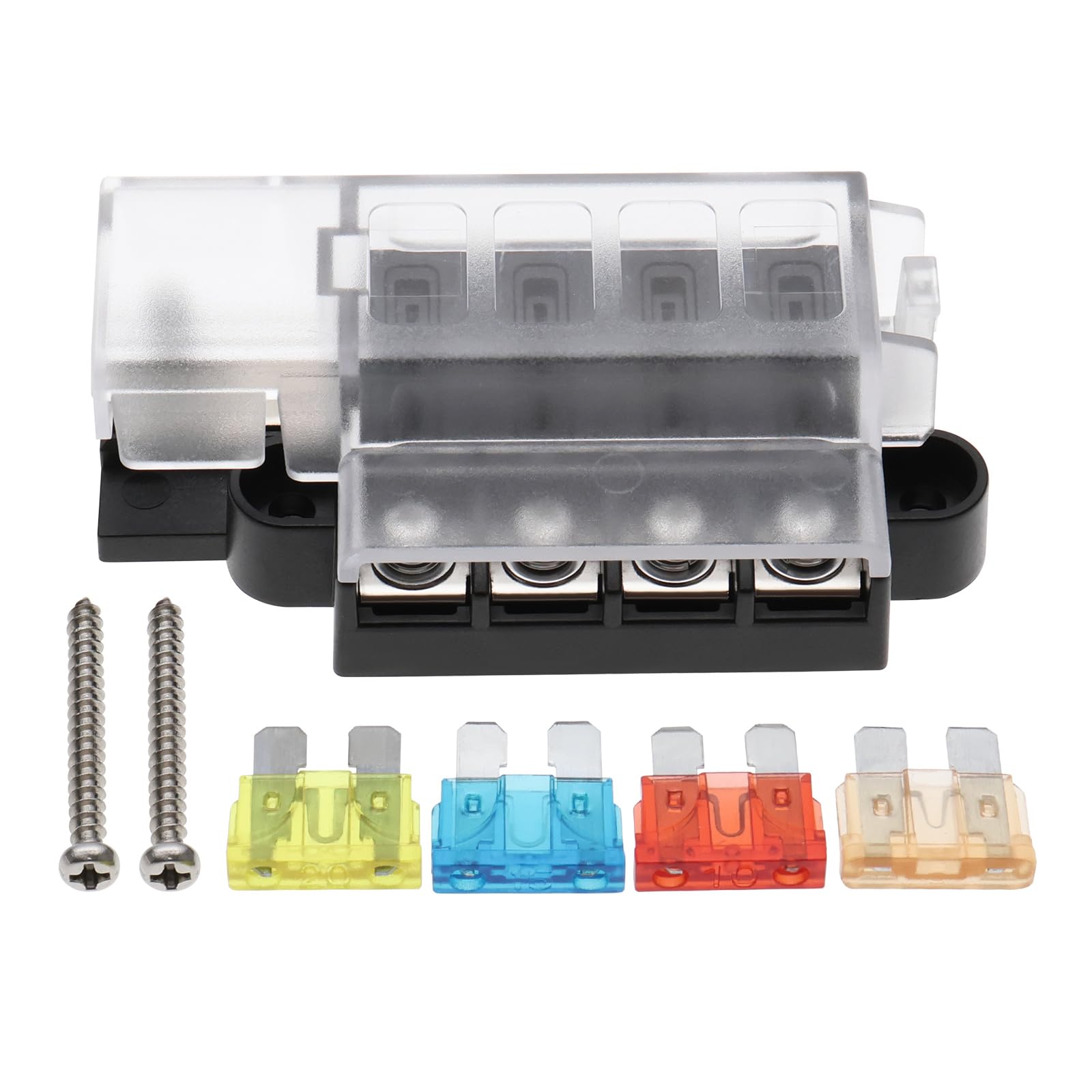 The Lord of the Tools 1 Set of 12V-24V Automotive 4 Way Waterproof Fuse Box Metal Fuse Box 9.3x4.4cm with Screws and 5A 10A 15A 20A Fuse for Trucks Cars Ships Black
