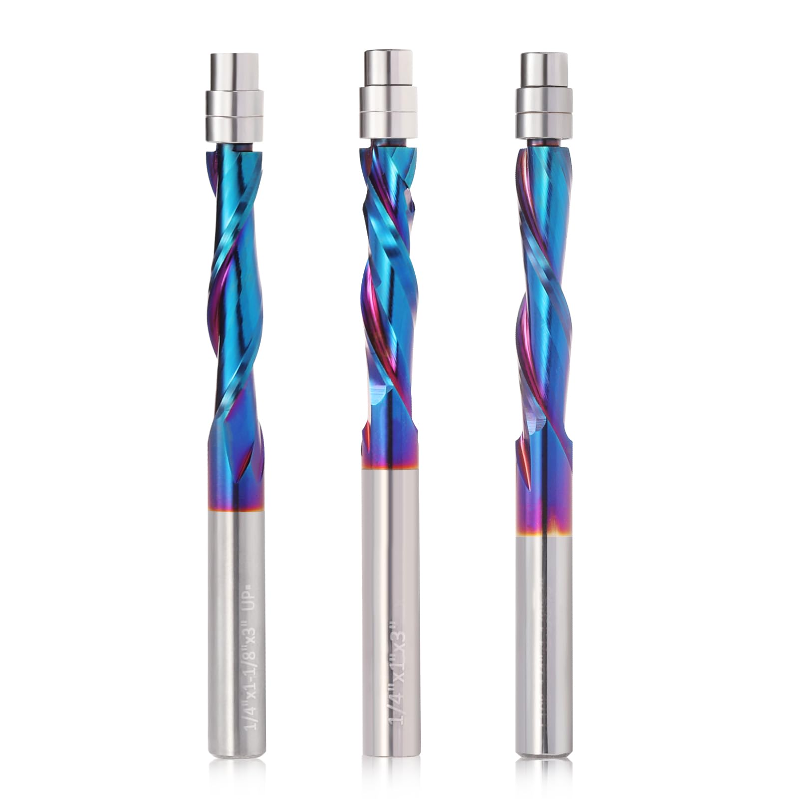 Trvoxviq 3PCS Spiral Flush Trim Router Bit Set,1/4 Inch Shank, with Nano Coated,for Wood Trimming,Set of 1pcs Up Down Compression Router Bit+ 1pcs Downcut Bits+1pcs Up Cut Bits