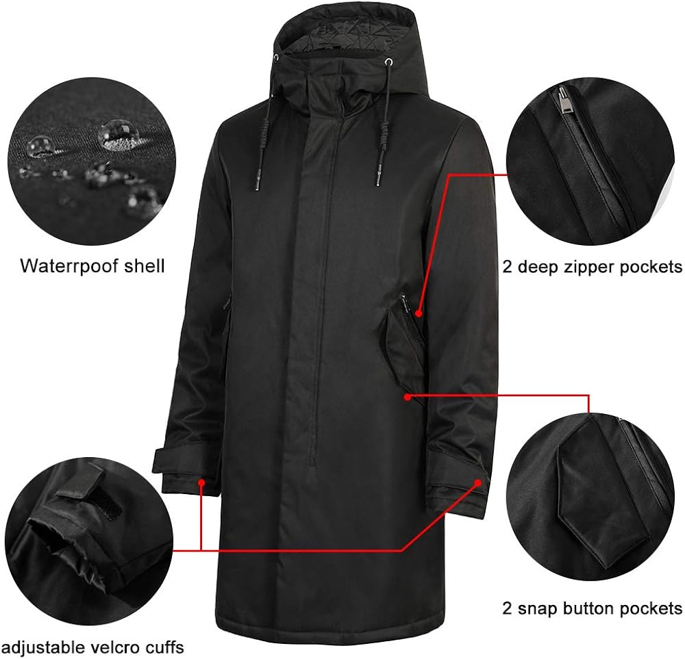 Pioneer Camp Men's Jackets Waterproof Windproof Outdoor Black Hooded Warm Long Parka Coats for Early Spring Fall Winter: Clothing