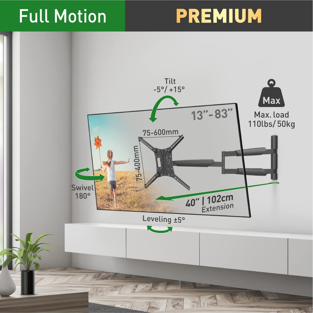 Barkan 40'' Long TV Wall Mount, 13-83 inch Full Motion Articulating - 4 Movement Flat/Curved Screen Bracket, Holds up to 110lbs, Extremely Extendable, Fits LED OLED LCD, Black
